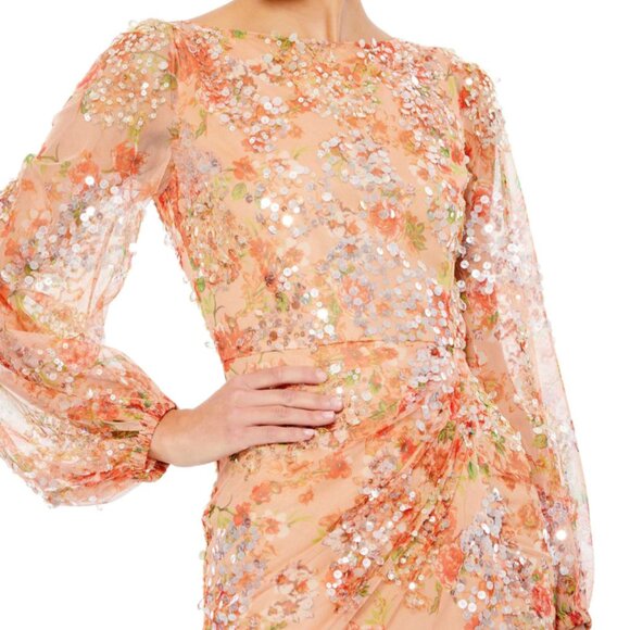 MAC DUGGAL 93547 FLORL PRINT SEQUINED PUFF SLEEVE GOWN sz 16 - Picture 2 of 5